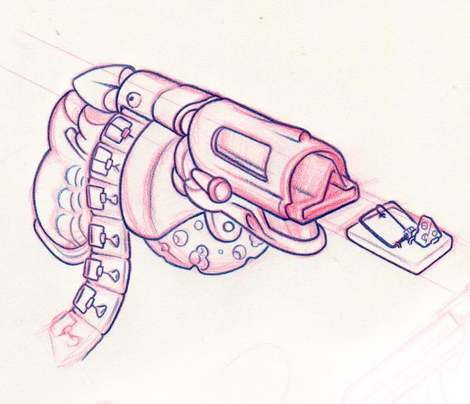 Travis Litke - specs for new Moid Barrus tattoo. Fully Automatic Self Loading Belt Fed Moustrap Launcher